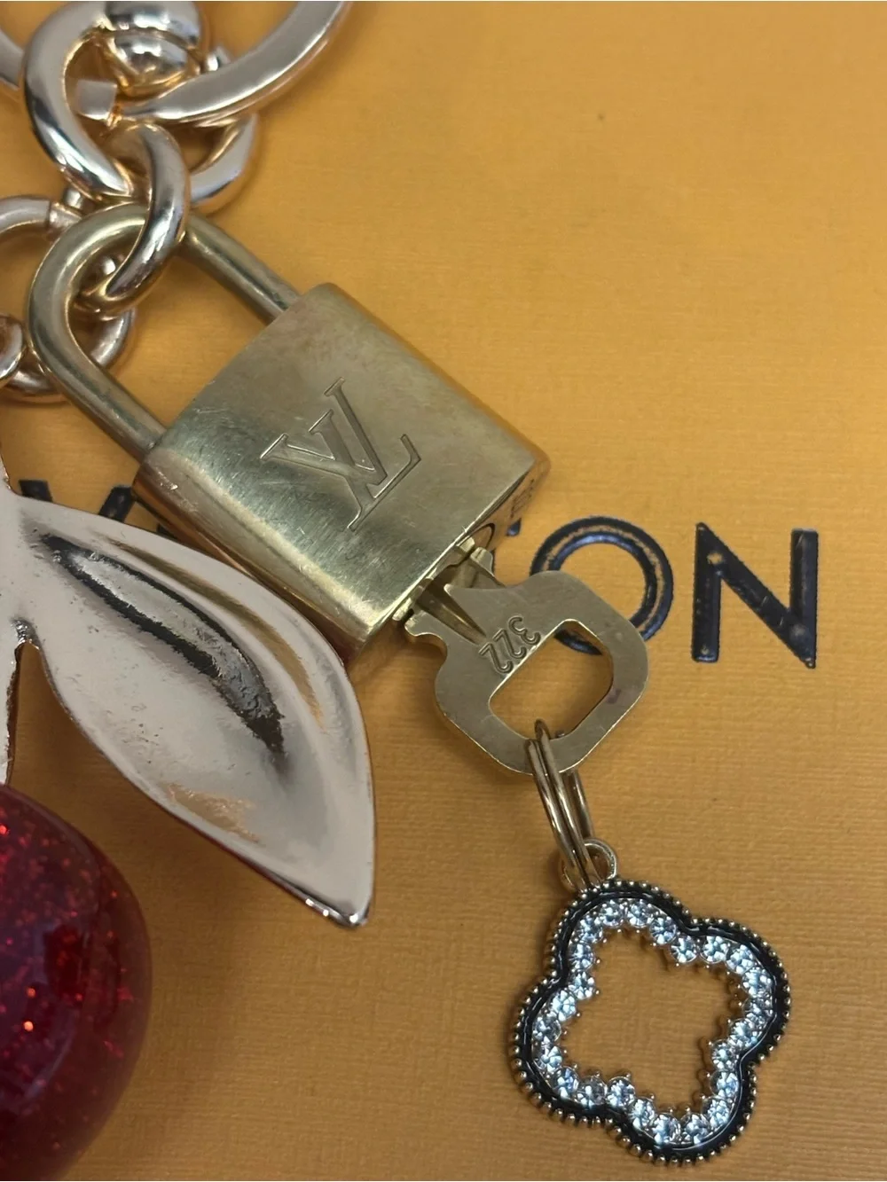 AUTHENTIC LOUIS VUITTON BRASS LOCK AND KEY #322, CHERRY BAG CHARM, 4.5 INCHEs